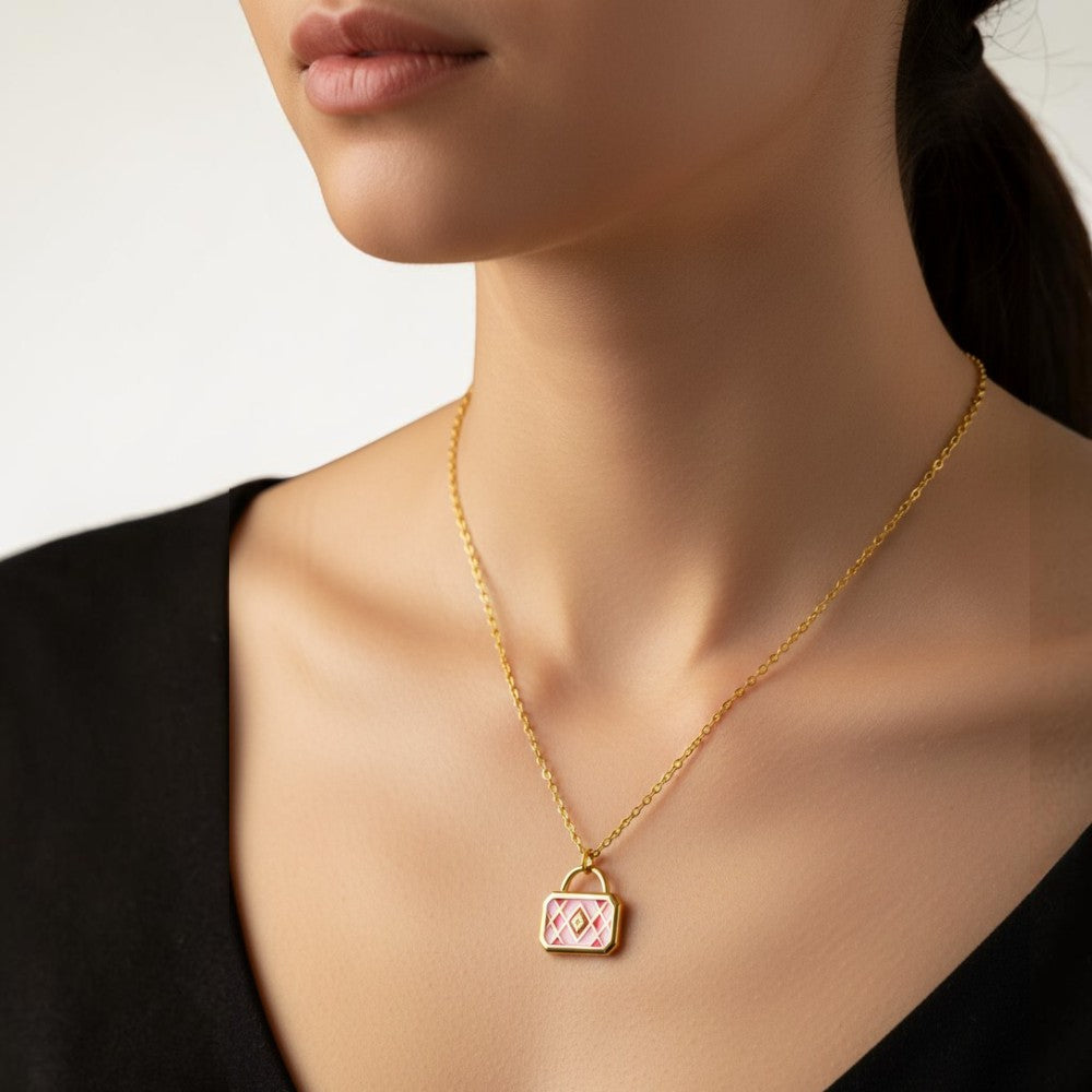 Pink Stylish Bag 304 Stainless Steel Non Tarnish Pendant Necklace