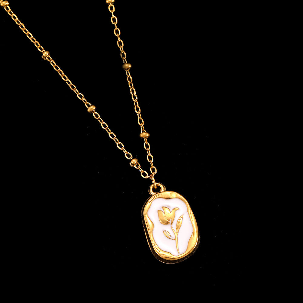 Golden rose on white 304 Stainless Steel Non Tarnish Pendant Necklace