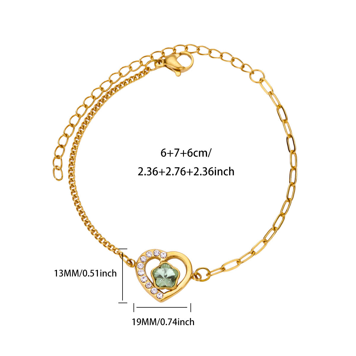 Olive Green stone in heart shape 304 Stainless Steel Bracelet