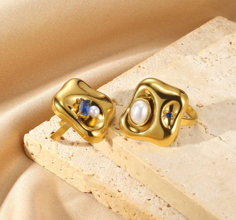 Pearl and stone Stainless Steel Elegant Finger Ring Adjustable