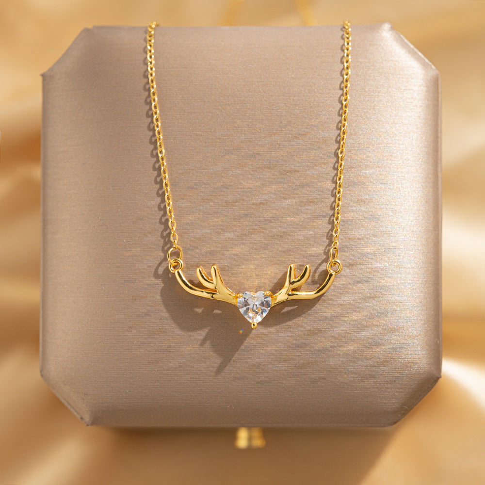 Heart in middle Antlers 304 Stainless Steel Non Tarnish Pendant Necklace