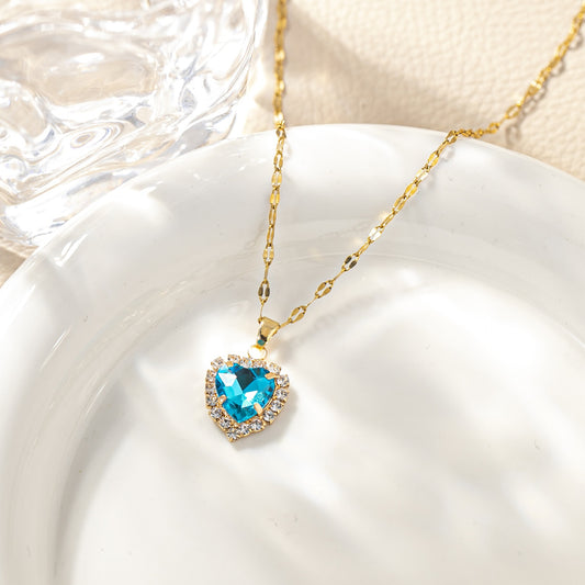 Lake Blue Heart shape Zircon  304 Stainless Steel Non Tarnish Pendant Necklace