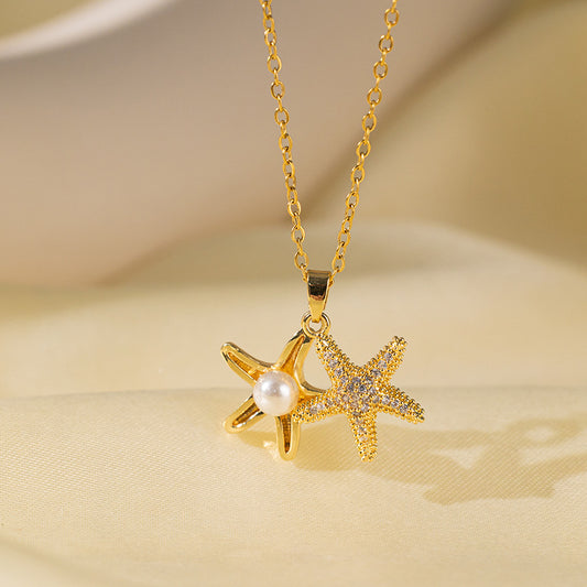 Pearl Starfish gold  304 Stainless Steel Non Tarnish Pendant Necklace