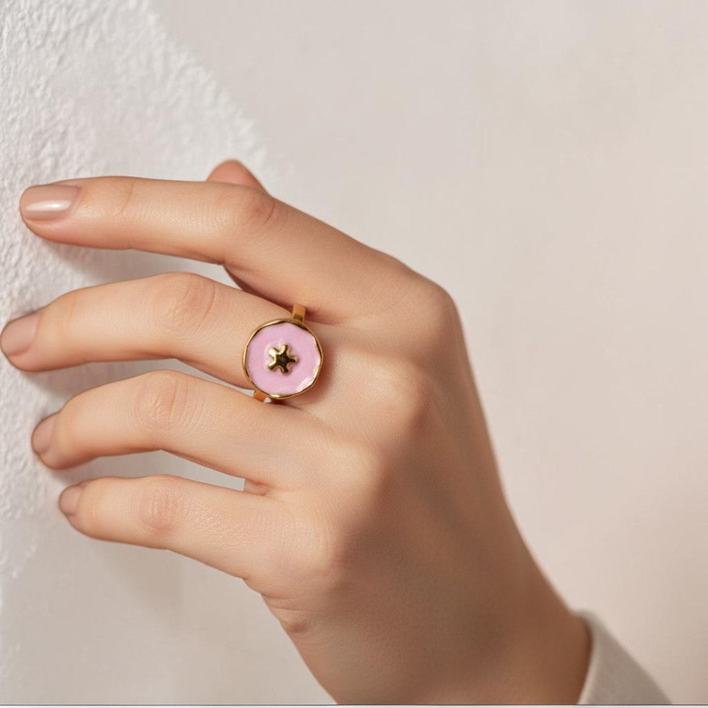 Pink Flower 304 Stainless Steel Elegant Finger Ring Adjustable