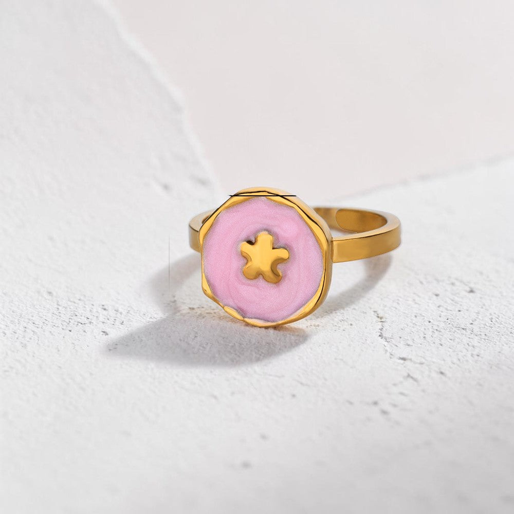 Pink Flower 304 Stainless Steel Elegant Finger Ring Adjustable