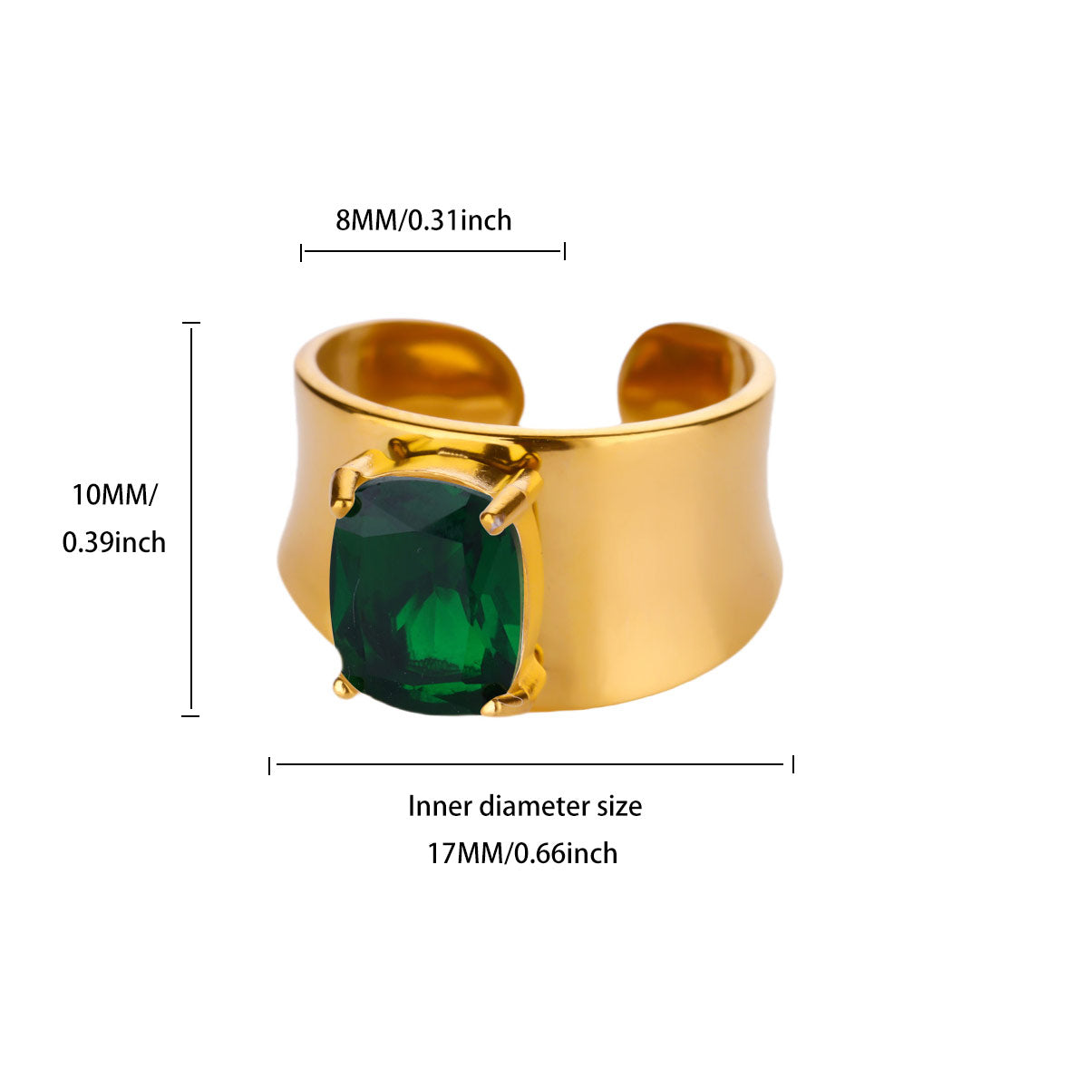 Luxury green stone 304 Stainless Steel Elegant Finger Ring Adjustable