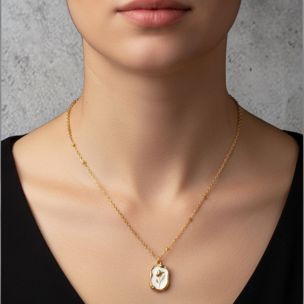 Golden rose on white  304 Stainless Steel Non Tarnish Pendant Necklace
