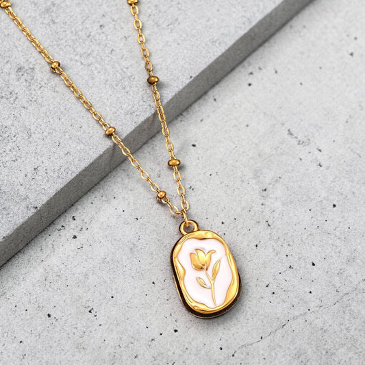 Golden rose on white  304 Stainless Steel Non Tarnish Pendant Necklace
