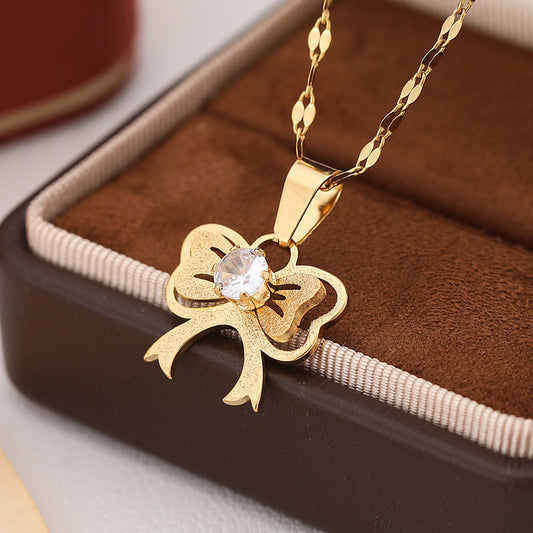 Bow Tie with Rhinestones  304 Stainless Steel Non Tarnish Pendant Necklace