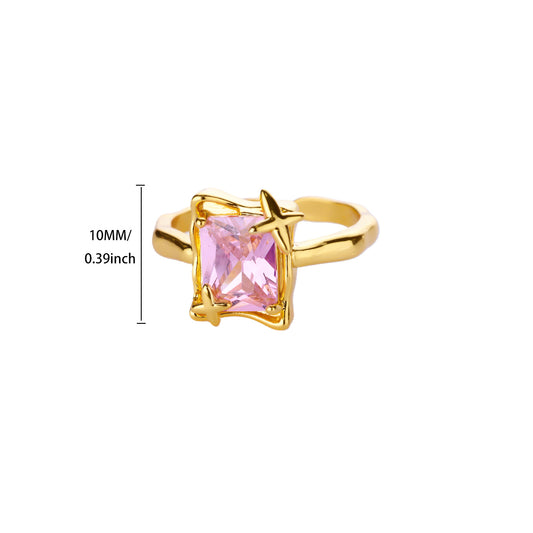 Pink Square Gem stone 304 Stainless Steel Elegant Finger Ring Adjustable