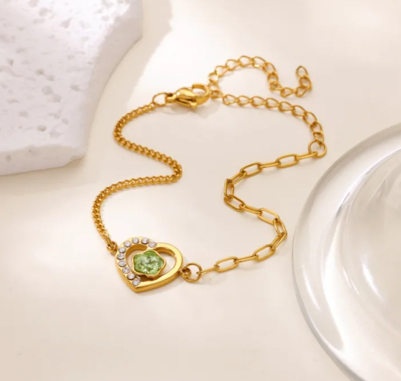 Olive Green stone in heart shape 304 Stainless Steel Bracelet