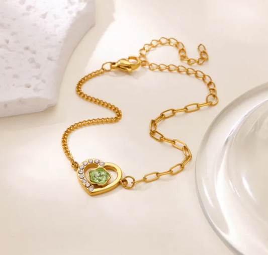 Olive Green stone in heart shape 304 Stainless Steel Bracelet