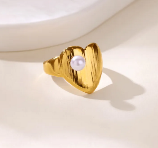 Cute Pearl in heart 304 Stainless Steel Elegant Finger Ring Adjustable