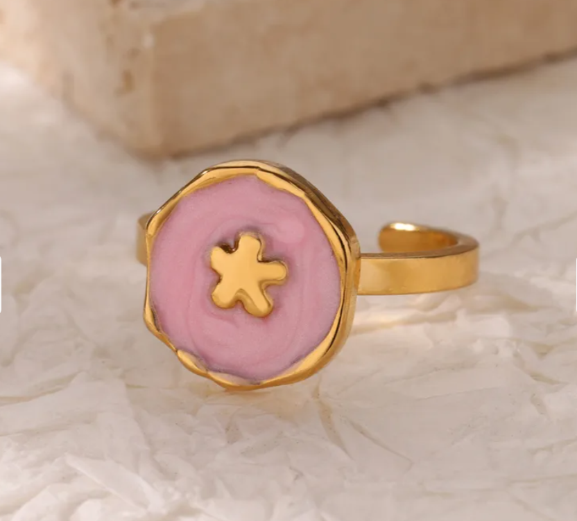 Pink Flower 304 Stainless Steel Elegant Finger Ring Adjustable