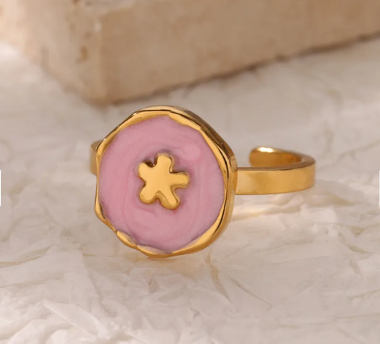 Pink Flower 304 Stainless Steel Elegant Finger Ring Adjustable