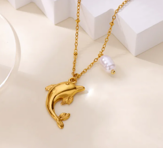 Dolphin and pearl  304 Stainless Steel Non Tarnish Pendant Necklace