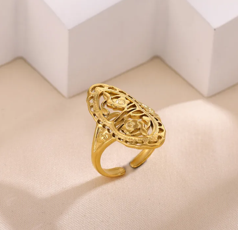 Boho style two flowers 304 Stainless Steel Finger Ring Adjustable